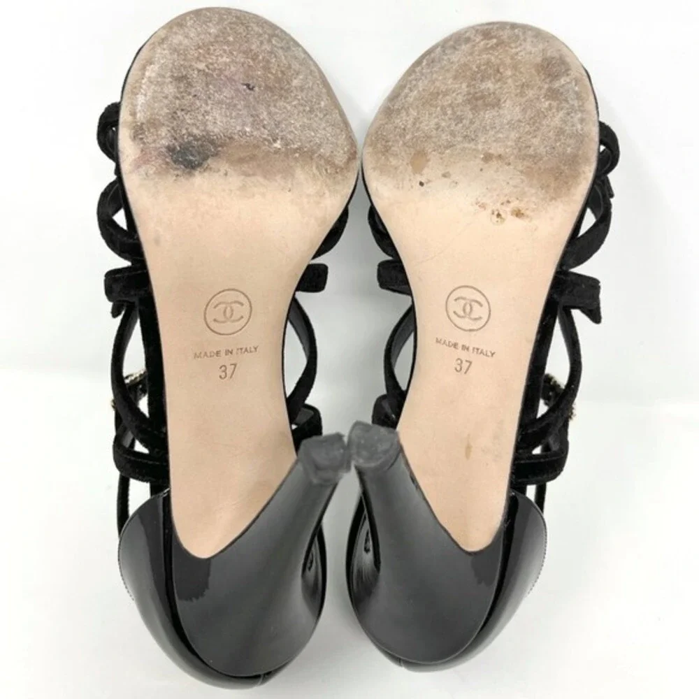 Chanel Black Velvet Patent Leather Strappy‎ Heels CC Logo 37